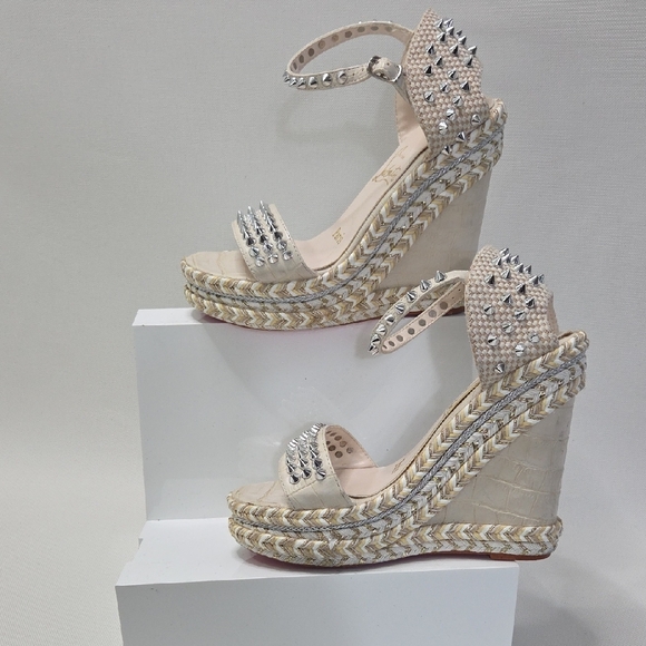 Christian Louboutin Cream Studded Wedges - Picture 3 of 11